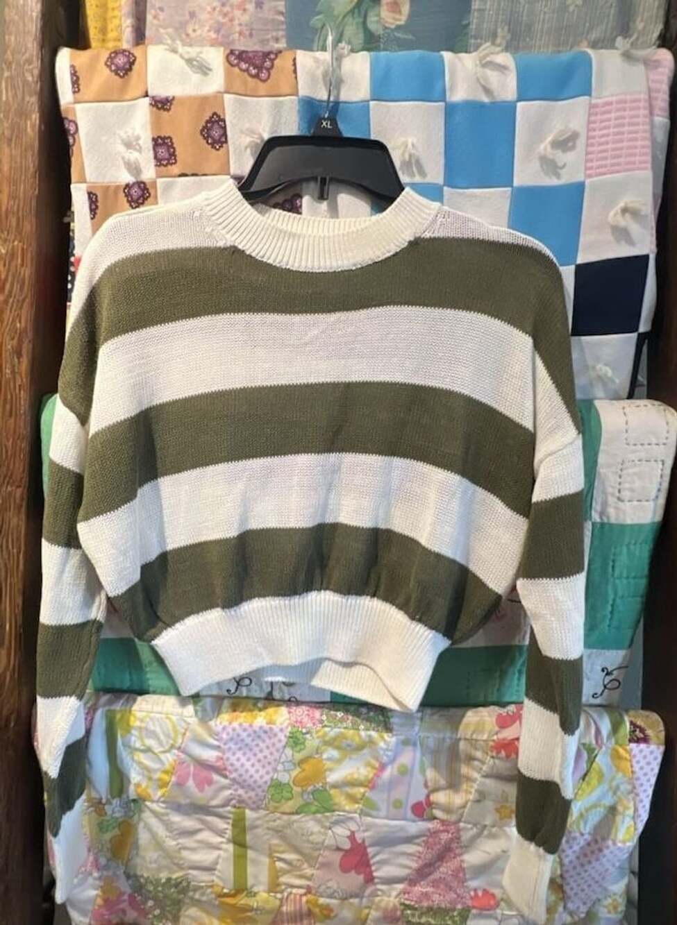 Madewell Olive and White Striped Crewneck Sweater